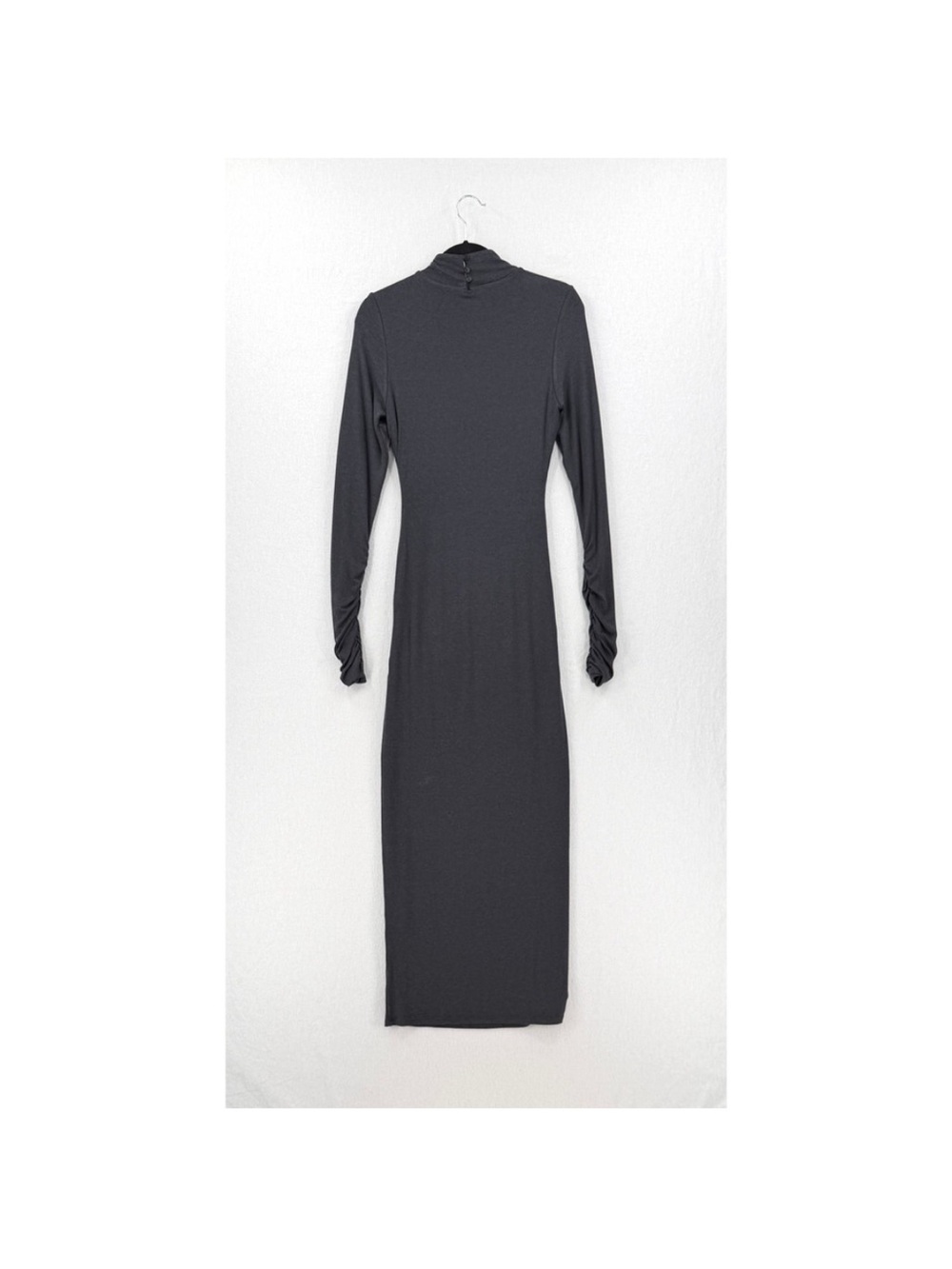 SER.O.YA Fina Tea Length Dress Large Charcoal Grey Ruched Mock Neck Long Sleeve - Picture 5 of 16